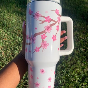 Cherry Blossom 40oz Tumbler with Handle, Cute Stainless Steel Cup, Valentine&#39;s Day Gift Idea
