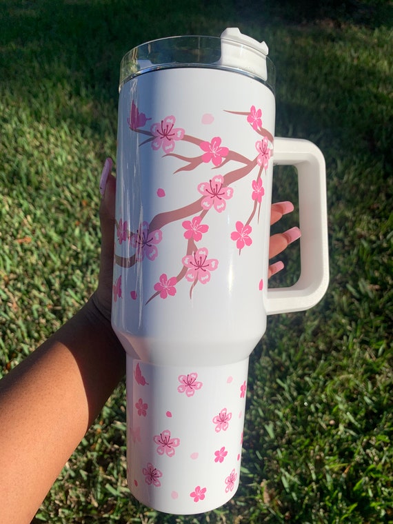 Cherry Blossom 40oz Tumbler With Handle, Cute Stainless Steel Cup,  Valentine's Day Gift Idea 