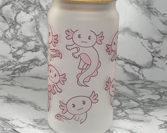 Pink Axolotl Glass Cup with Bamboo Lid and Straw, 18 oz Libbey