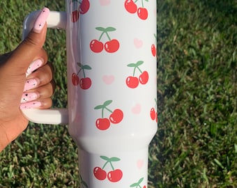 OEUFSEEE 40oz Cherry Tumbler With Straw – Vacuum Insulated Stainless Steel Pink Water Bottle Gift For Women