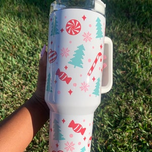Christmas Trees and Candy 40oz Tumbler with Handle, Holiday Cup, Secret Santa Gift Idea