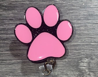 Paw print badge reel with glitter