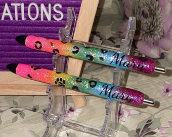 Epoxy glitter pen 90’s neon rainbow colors with leopard print and name