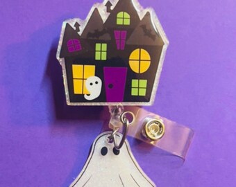 Haunted house glow in the dark badge reel nurse vettech spooky with cute ghost charm