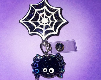 Spiderweb with cute spider badge reel nurse vettech spooky