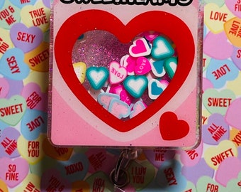 Conversation hearts candy sweethearts Valentine’s shaker badge reel