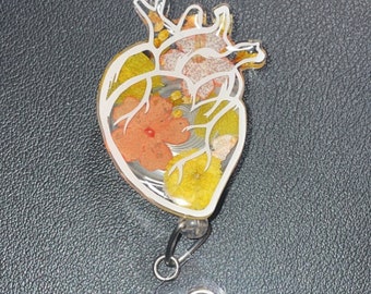 Floral anatomical heart badge reel cardiology cardio