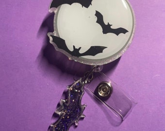 Batty moon with bat charm badge reel nurse vettech spooky glow in the dark