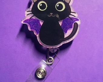 Cute bat cat badge reel nurse vettech spooky Halloween glow in the dark