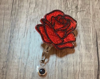 Rose badge reel with glitter