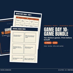 May include: A printable football party game bundle featuring a 10-game collection. The documents include a Watch-Party Bingo card, a Football Basics Trivia sheet with six numbered questions, and a cover page titled Game Day 10-Game Bundle.