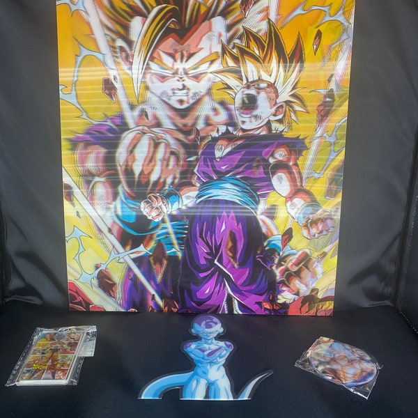 GIFT PACK - Cell Saga Dragonball 3D Poster, Ultra Instinct 3D Badge, Vegeta/Goku 3D Keyring, Frieza Decal Sticker - LENTICULAR Print