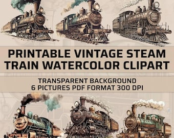 Printable Watercolor Vintage Steam Train Clipart Set-High-Resolution