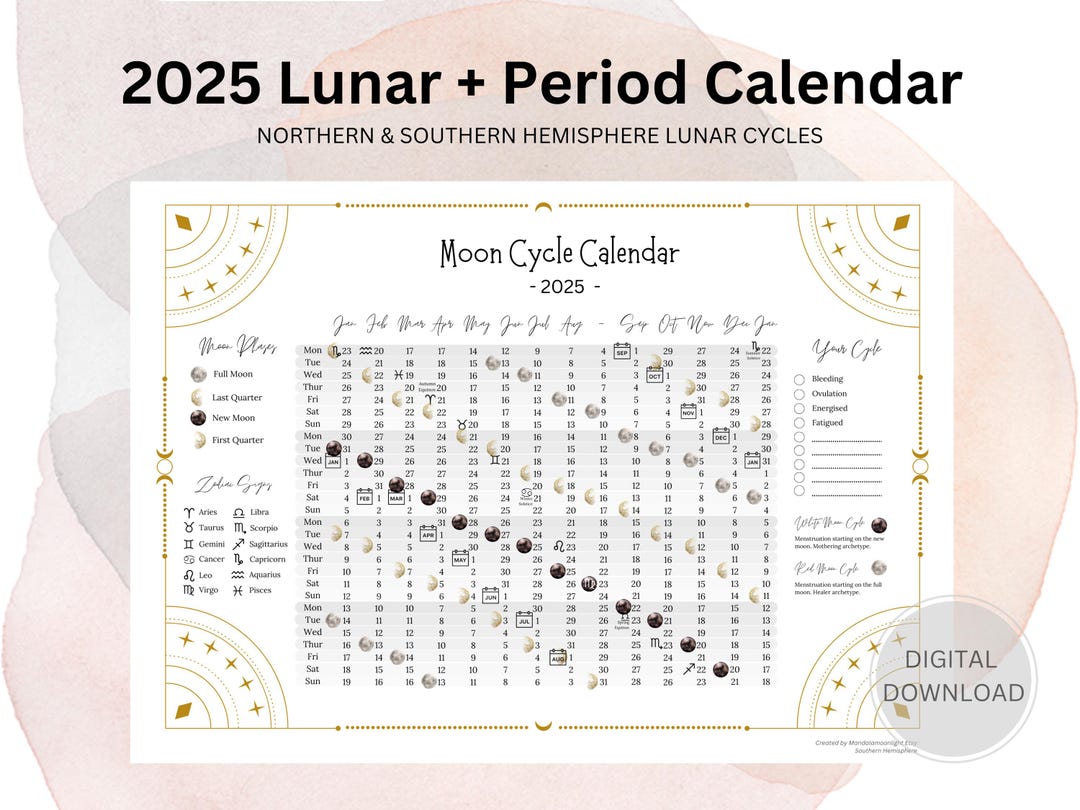 Calendario lunar, calendario de fases lunares, calendario de seguimiento de  la menstruación, registro del período, ciclos lunares del hemisferio norte 