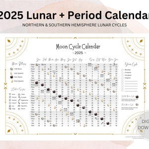 2025 Period Tracker, Lunar Calendar, Moon Phases Calendar, Menstruation Tracker, Period Log, Northern and Southern Hemisphere Moon Cycles