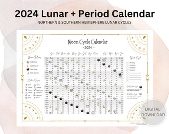 2024 Period Tracker, Lunar Calendar, Moon Phases Calendar, Menstruation Tracker, Period Log, Northern and Southern Hemisphere Moon Cycles