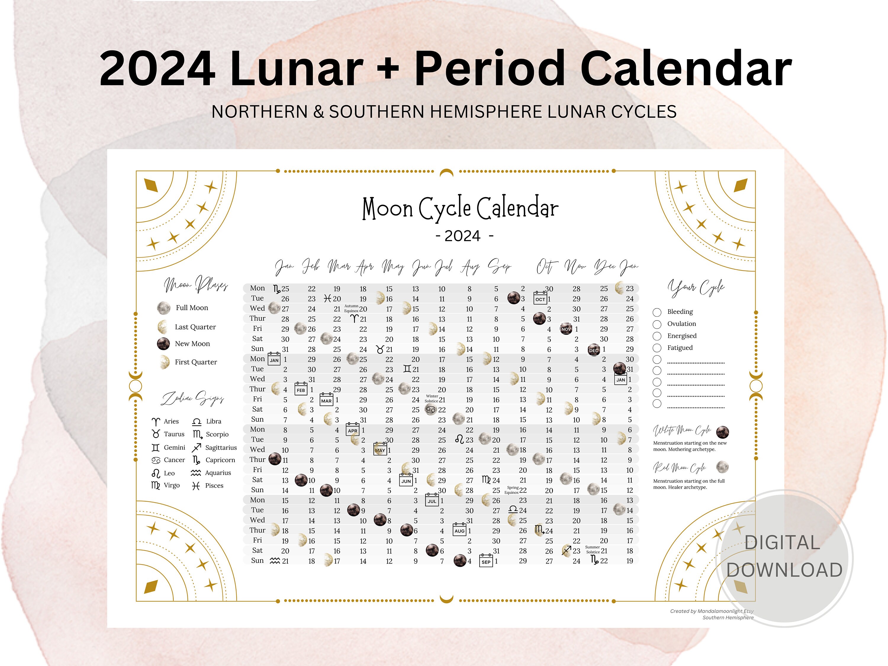 2024 Period Tracker, Lunar Calendar, Moon Phases Calendar, Menstruation  Tracker, Period Log, Northern and Southern Hemisphere Moon Cycles 