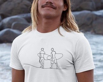 Surfing Nature T-Shirt - Two Surfers Walking Single Line Drawing - Beach Surfing Sport Gifts - Unisex Softstyle T-Shirt