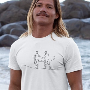 Surfing Nature T-Shirt - Two Surfers Walking Single Line Drawing - Beach Surfing Sport Gifts - Unisex Softstyle T-Shirt