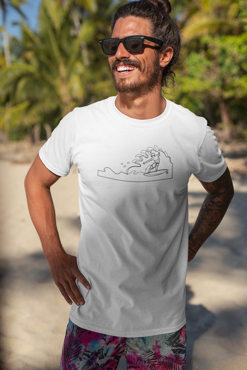 Surfing Man T-shirt Line Drawing Surf Wave Tube Design Unisex Cotton Tee image 1