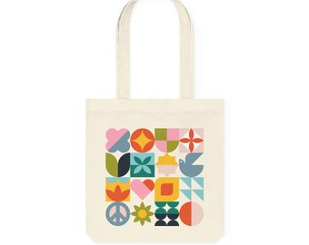 Scandinavian aesthetic design woven cotton tote bag - eco-friendly materials - double-sided print and shaping bottom gusset.
