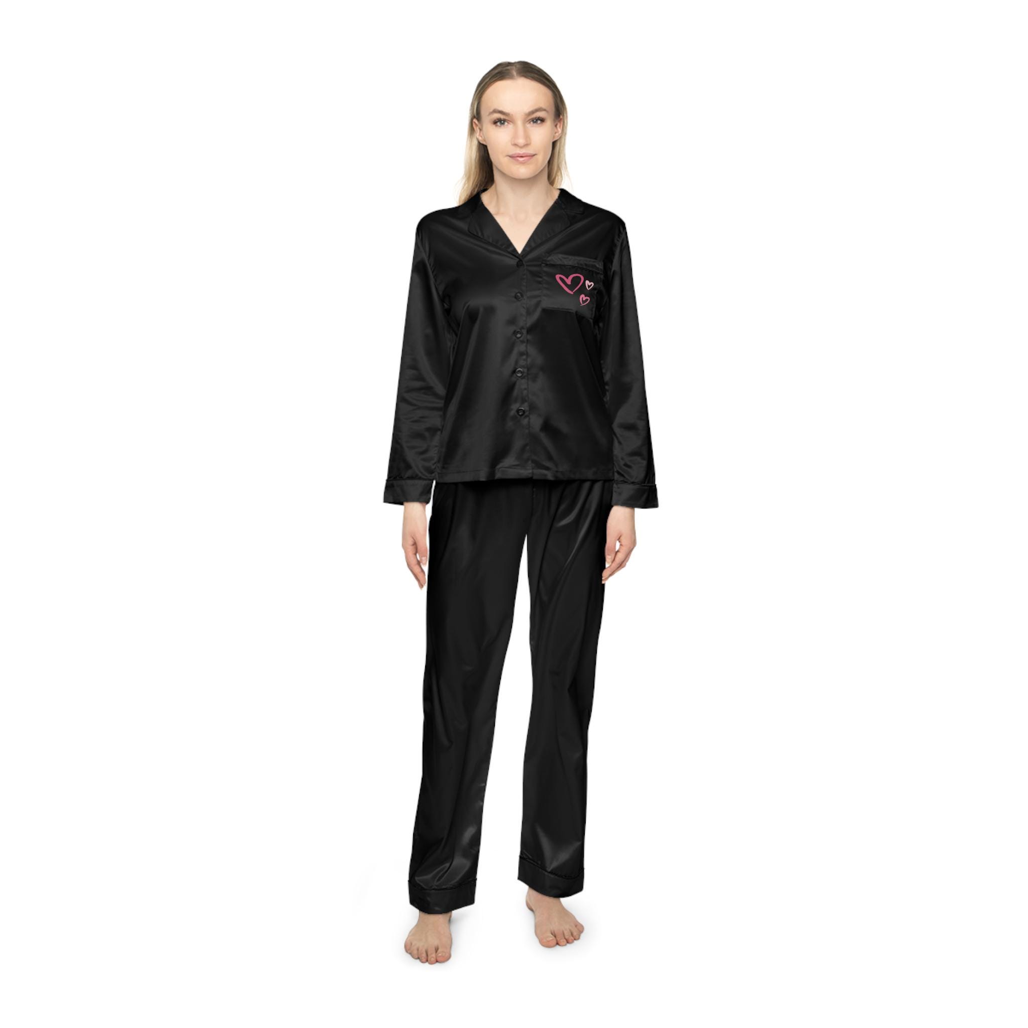 Hearts-Women's Satin Pajamas (AOP)-Black