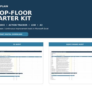 May include: A digital shop-floor starter kit by GembaPlain featuring Microsoft Excel tools for 5S, SQDCE, action tracking, LSW, and A3. The image displays two spreadsheet templates titled 5S Audit and SQDCE Board Audit with dark blue headers.