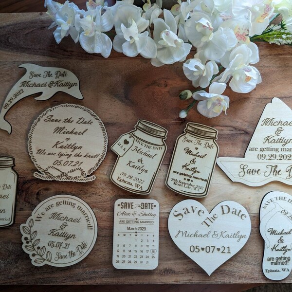 Wood Save the Date Magnets-Unique Shapes, with or without cards and envelopes.  Custom Made Invites.  All occasions.  We add the WOW factor!