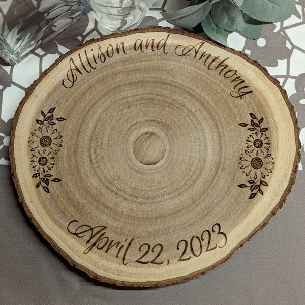 Engraved Wood slice centerpiece | Beautiful 10-11 inch Wood slice| Rustic wedding | Wedding centerpieces | Personalized wedding decor |