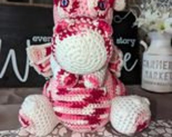 Handmade Plush Crocheted Pink and White Dragon approx. 14X18.5 inches- Christmas Gift-Baby shower-Cuddle buddy-Best friend-Stuffed Animal