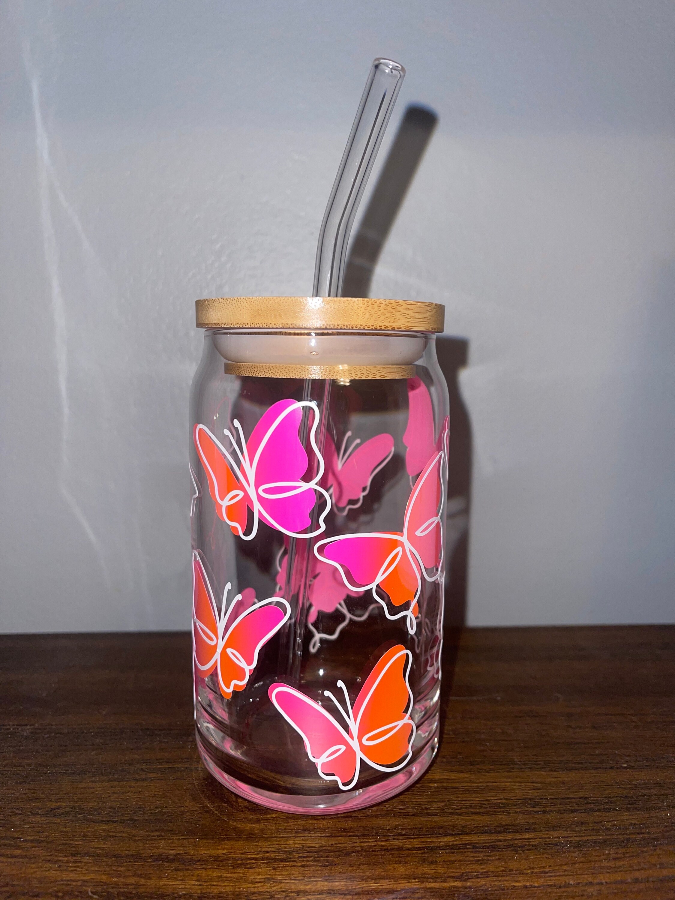 Hibiscus Butterflies with Name, Personalized 16 oz Libbey Glass Can with Bamboo Lid & Straw, Birthday Girl and Squad Glass Tumbler from BluChi