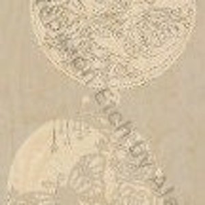 May include: Two circular, sepia-toned illustrations. The top one depicts a detailed map of the moon's surface. The bottom illustration shows a butterfly and a rose. The text "Rich of Alan" is visible.