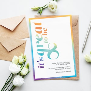 May include: A colorful invitation card with the text "it's great to be 8" in a rainbow gradient. The invitation is for a primary school child's birthday party on December 11th at 8:00pm in the Relief Society room.  All primary children turning 8 in 2022 and their parents are invited. Refreshments will be served.