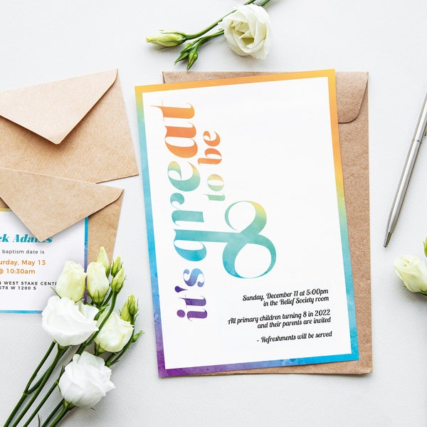 Great to be 8 invite & cards | LDS | Primary | Editable | Corjl | Baptism