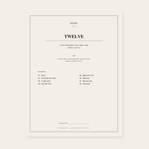 May include: A beige document titled KEEPER NO. 03 TWELVE, a 12-hour shift planner for nurses, techs, and plant operators. It lists sections including cover, how shifts work, 14-day roster, day shift, night shift, sleep log, recovery day, and pay period.