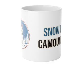 White Cat Christmas Mug, Snow Day Camouflage Funny White Cat Coffee Mug, Cat Mom Gift, Winter Cat Lover Cup