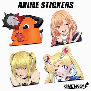 May include: A set of four anime stickers featuring an orange chainsaw creature, a smiling character with pink hair making a peace sign, a blonde character with pigtails, and a blonde character with a crescent moon. The text reads ANIME STICKERS and ONEWISH.