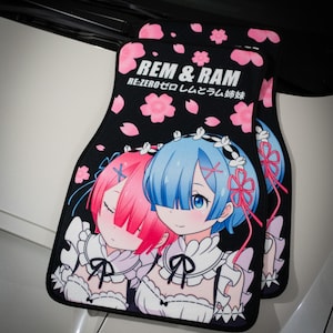 Anime Car Mats: Universal Fit Floor Mats, Pair Front Two, High Quality, Super Soft, Non-Slip Rubber Backing, Jdm Car Accessories Rem & Ram