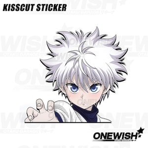 May include: Kisscut sticker featuring an anime character with white spiky hair and blue eyes. The character is reaching out with one hand. The sticker has the text "KISSCUT STICKER" at the top and "ONEWISH OTAKU GARAGE" at the bottom.