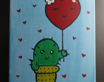 Canvas Art - Cute Cactus with Heart Shaped Balloon