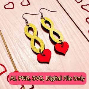 Può includere: Un paio di orecchini a forma di infinito dorati con ciondoli a forma di cuore rosso. AI, PNG, SVG, File digitale solo.