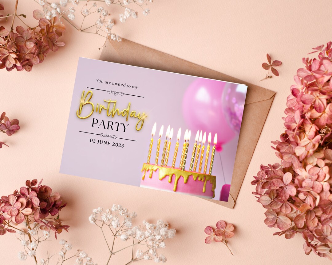Pink Golden Happy Birthday Invitation Card Prints, Editable Birthday