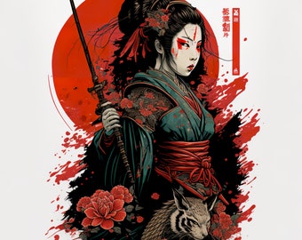 Puede incluir: Una ilustración gráfica de una figura con cabello oscuro en un moño alto, vistiendo un kimono verde azulado con detalles rojos y sosteniendo una katana. El fondo incluye un gran círculo rojo, motivos florales rojos y un pequeño animal.