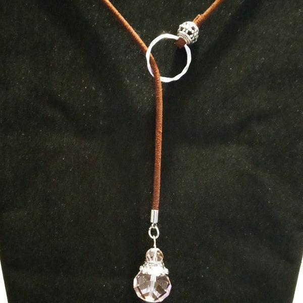 Hot Summer’s night very soft warm brown leather lariat “Y” necklace — beautifully capped crystal drop beads!