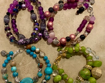 Brand New! Double stranded gorgeous bracelets with a variety of quality beads, stones, crystals & charms!