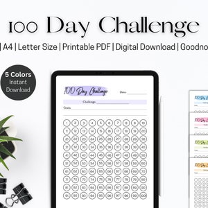 Può includere: Un tracker di sfida di 100 giorni stampabile in cinque colori diversi. Il tracker presenta una griglia con i numeri da 1 a 100, uno spazio per la data, una descrizione della sfida e degli obiettivi. Il tracker è progettato per l'uso con Goodnotes.
