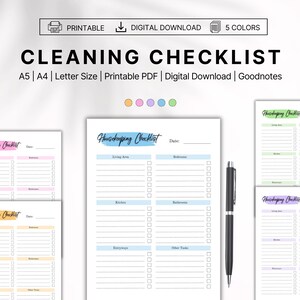 May include: Five printable cleaning checklists in different colors: pink, light blue, yellow, green, and purple. Each checklist includes sections for living area, kitchen, bedroom, entryway, and other tasks. The checklists are labeled "Housekeeping Checklist" and have a space for the date.