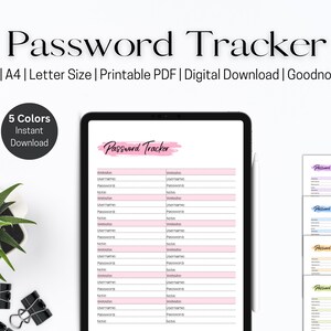 Op de afbeelding: Een digitale download van een afdrukbare wachtwoordtracker in vijf verschillende kleuren. De tracker is ontworpen voor gebruik met Goodnotes en bevat secties voor website, gebruikersnaam, wachtwoord en notities.