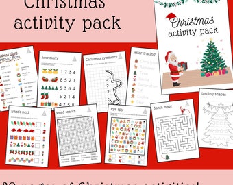 May include: A printable Christmas activity pack for kids ages 4 and up. The pack includes 20 pages of activities such as a scavenger hunt, word search, eye spy, letter tracing, and more.