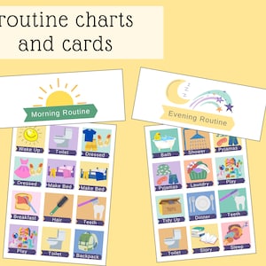 May include: Two colorful charts with illustrations for morning and evening routines. The morning routine chart has a yellow sun and the evening routine chart has a crescent moon. Both charts have a green banner with the words "Morning Routine" and "Evening Routine".